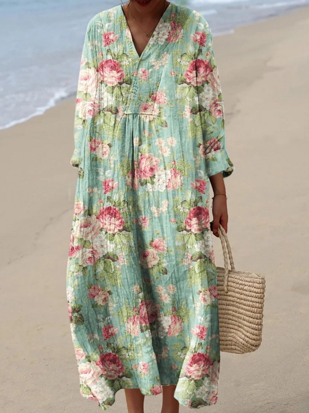 Vestido de Mujer con Estampado Artístico de Flores Retro Frescas en Acuarela y Salpicaduras Fluidas