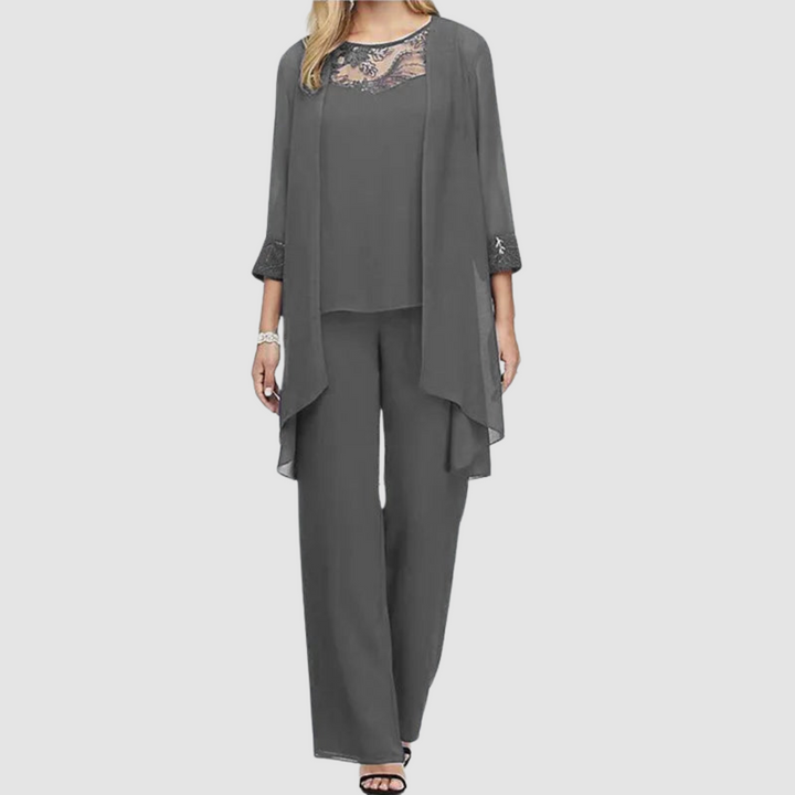 Conjunto Elegante Iva de Três Peças | Blusa, Jaqueta e Calças Coordenadas