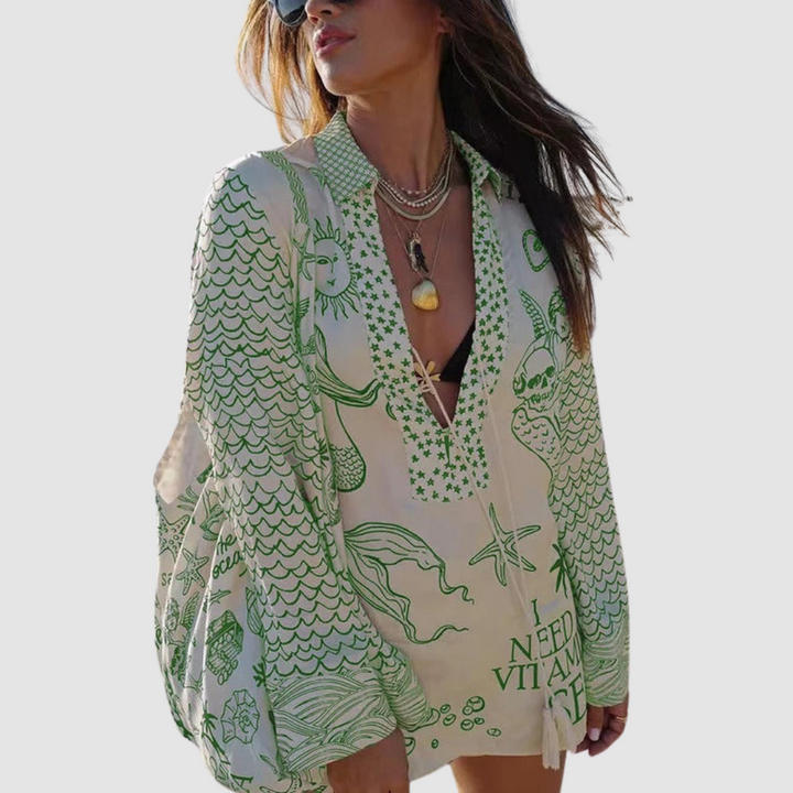 Conjunto Elegante Olivia de Dos Piezas | Camisa con Cuello en V y Shorts con Cintura Elástica