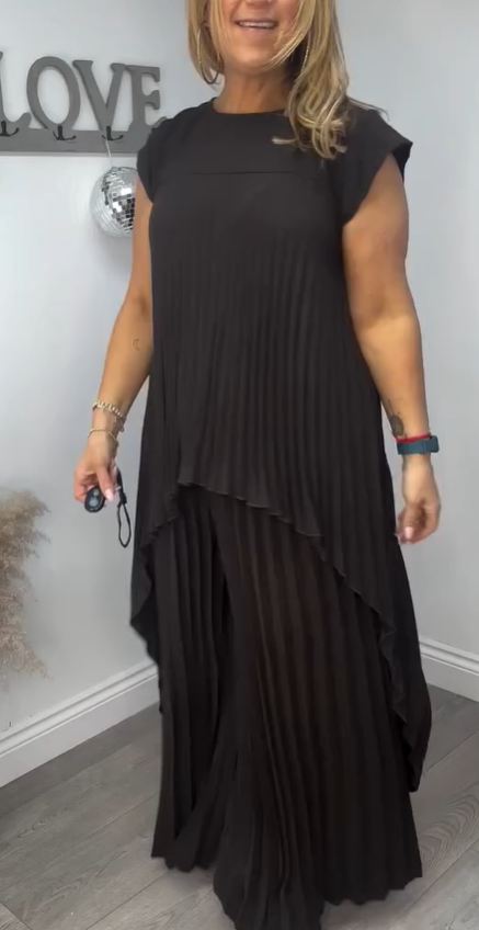 Conjunto de Top Midi Plisado Sherry y Pantalones de Pierna Ancha | Elegante Conjunto de Dos Piezas
