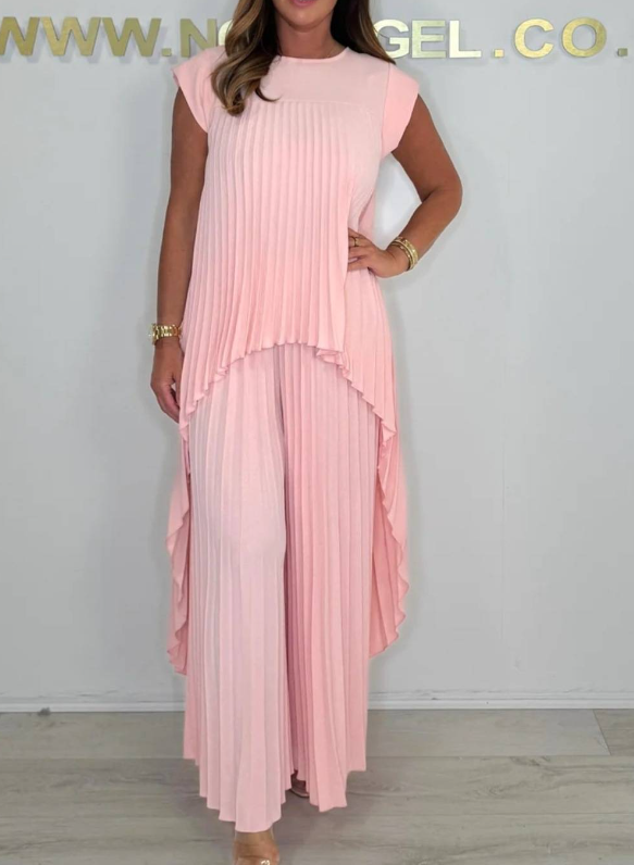 Conjunto de Top Midi Plisado Sherry y Pantalones de Pierna Ancha | Elegante Conjunto de Dos Piezas