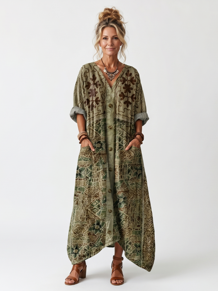 Aleta | Vestido Midi com Botões na Frente, Bordado e Bolso Oversized