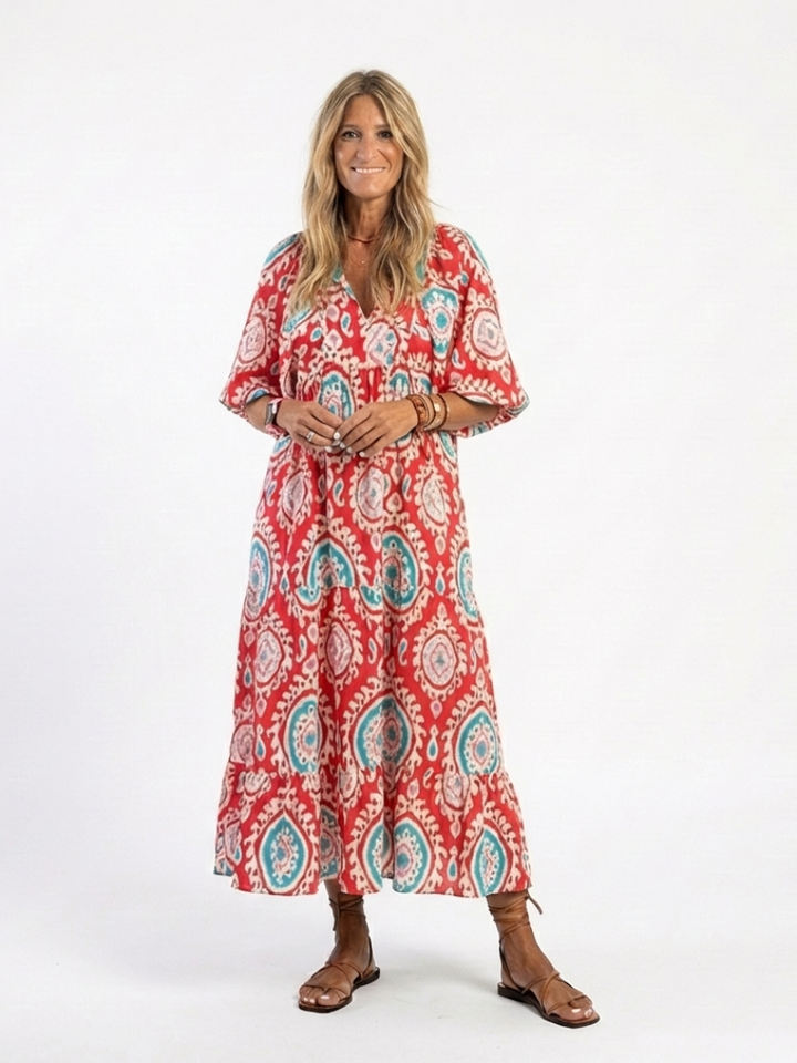 Zaria | Vestido midi con escote en V, manga corta y estampado de cachemira