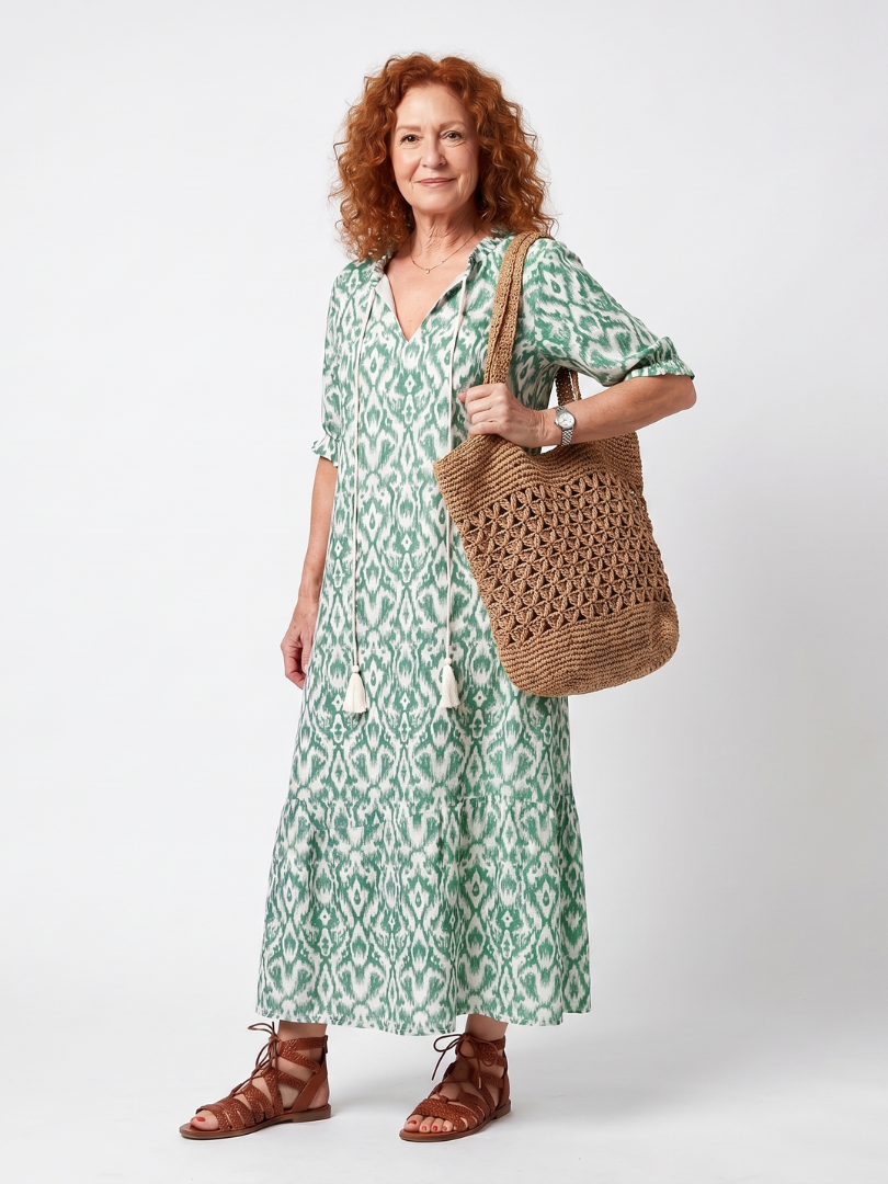 Ilara | Vestido Midi com Decote V e Tassel Estampado