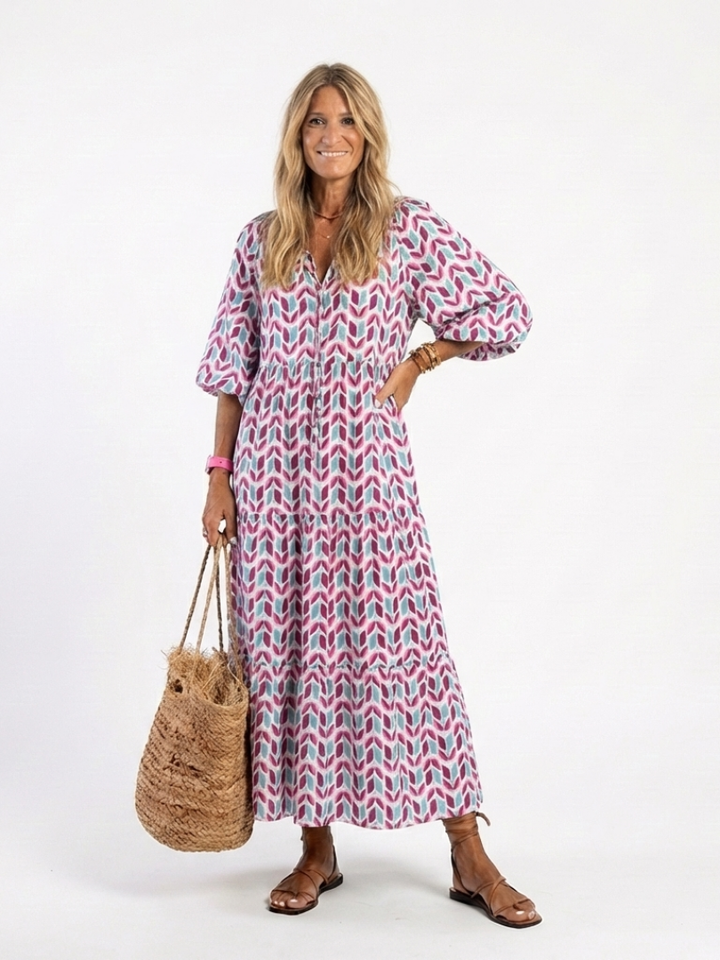 Mireya | Vestido midi a capas de manga larga con estampado geométrico