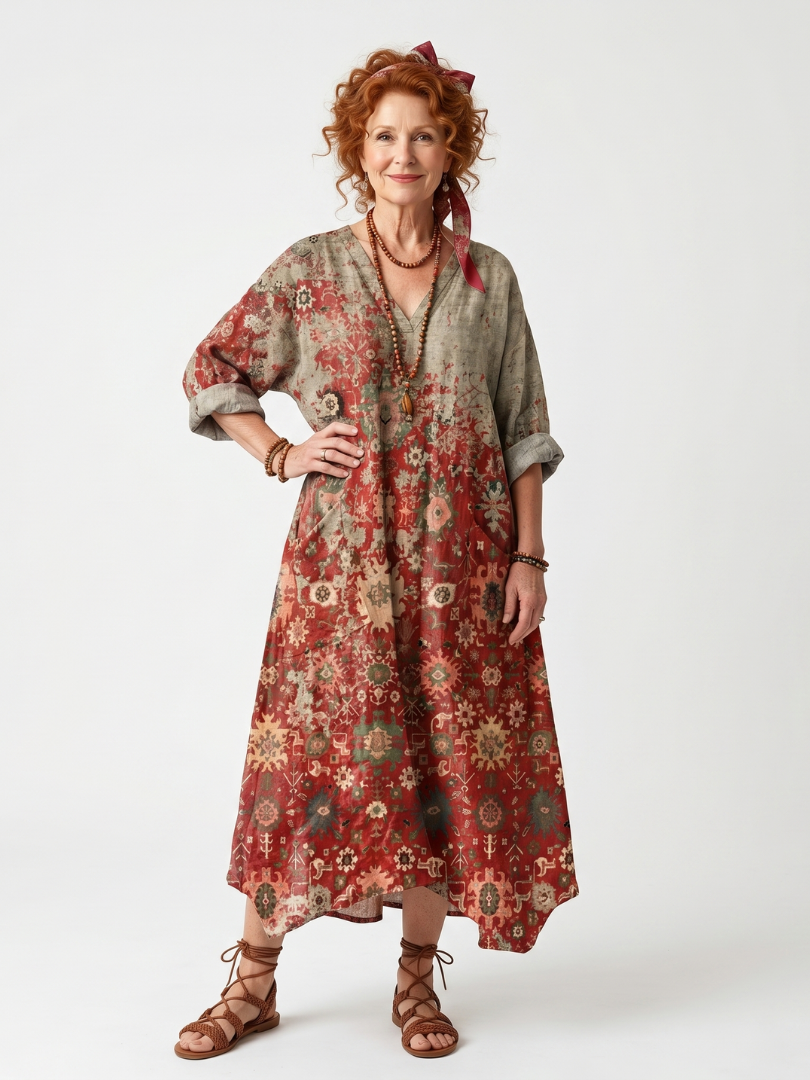 Saffron | Vestido midi con patrón mixto y bolsillo relajado