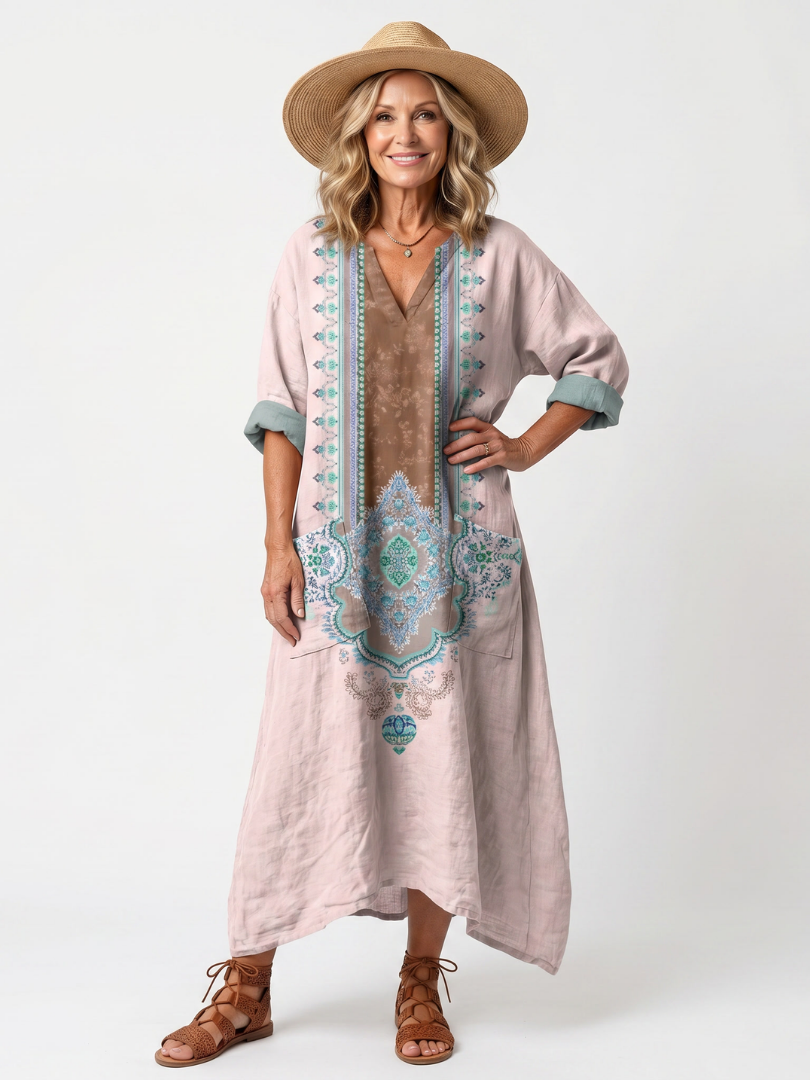 Kenza | Vestido midi con panel bordado, bolsillo relajado