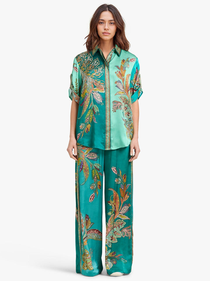 Conjunto Elegante Eliza de Dos Piezas | Camisa con Estampado de Cachemira y Pantalones de Pierna Ancha