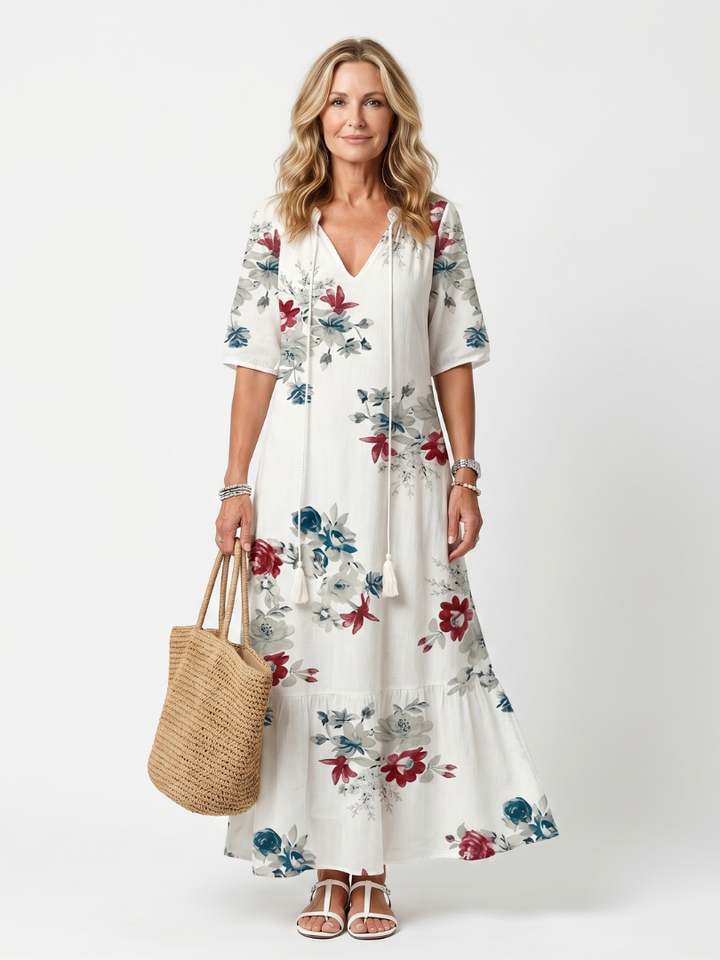 Maeva | Vestido midi con estampado floral disperso y lazo con borlas