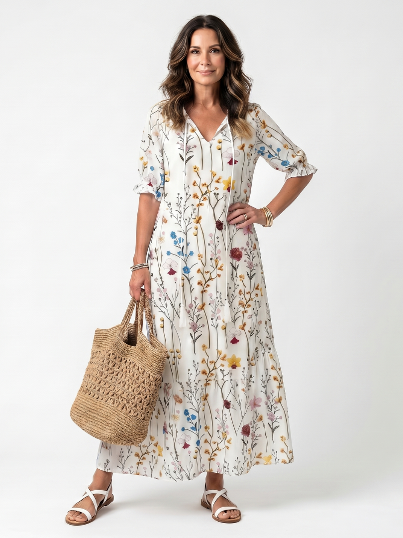 Sylvie | Vestido midi con estampado botánico y lazo con borlas