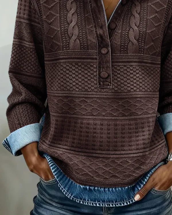 Velmora | Textured Knit Button-Collar Top
