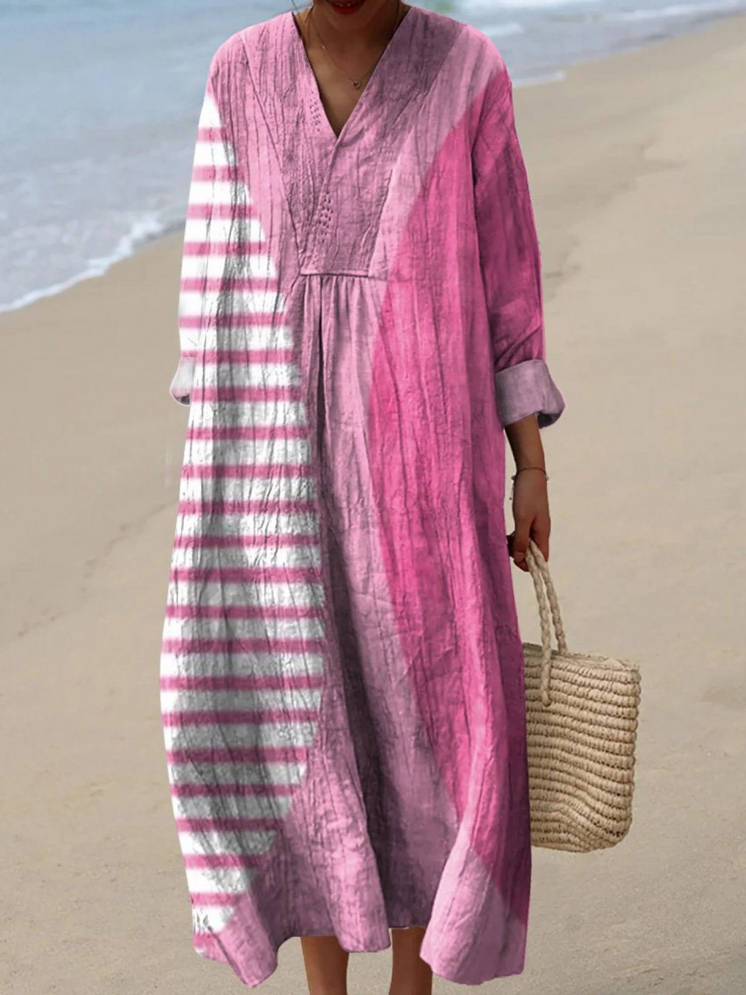 Vestido Fluido de Mujer con Estampado Artístico Minimalista Abstracto de Círculo Rosa Oscuro y Flamenco Rosa