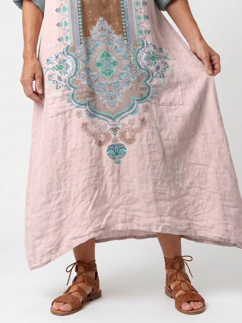 Kenza | Vestido midi con panel bordado, bolsillo relajado