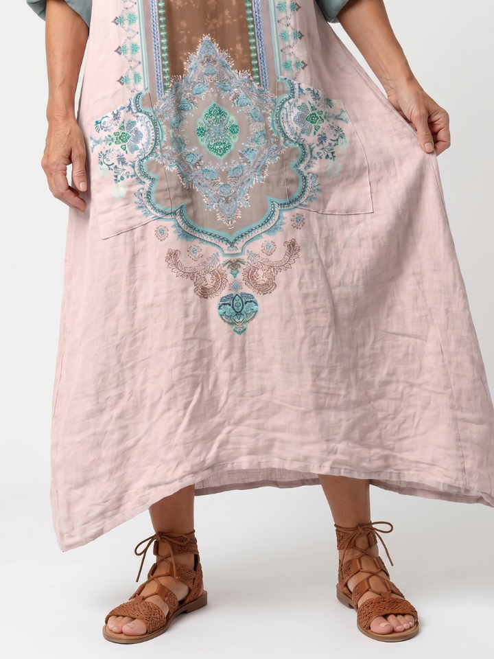 Kenza | Vestido midi con panel bordado, bolsillo relajado
