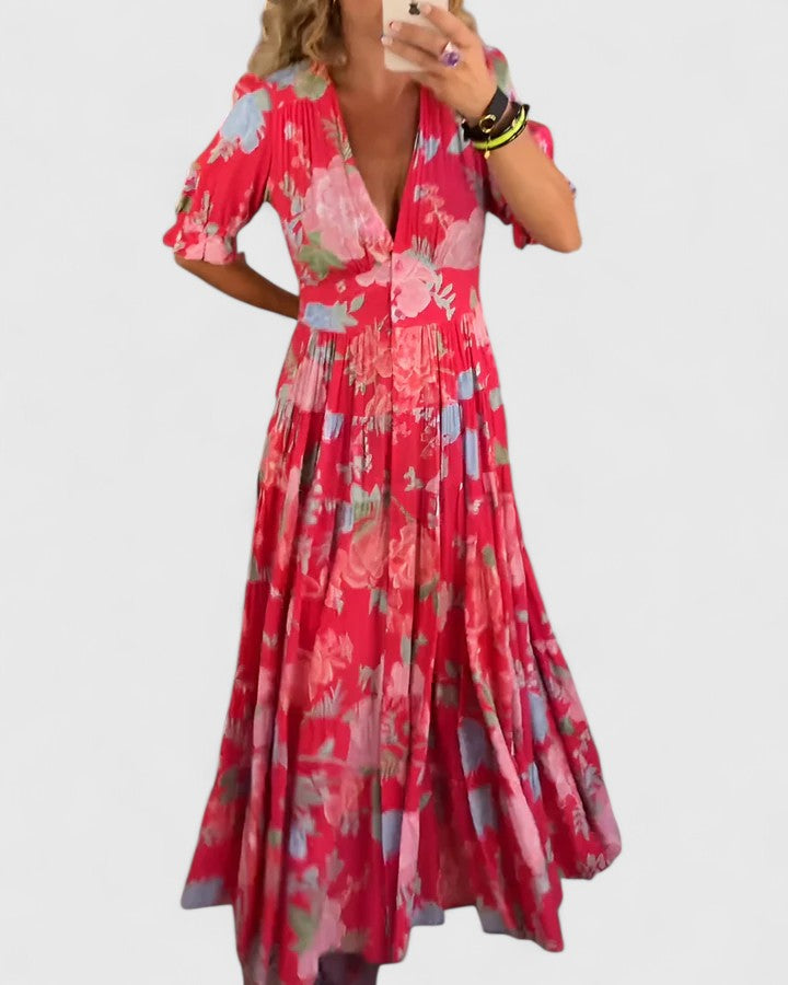 Minelda | Vestido Elegante com Decote em V e Estampa Floral