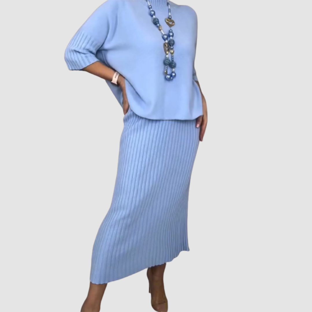 Conjunto elegante Delyssa de 2 piezas | Top holgado y falda midi acanalada