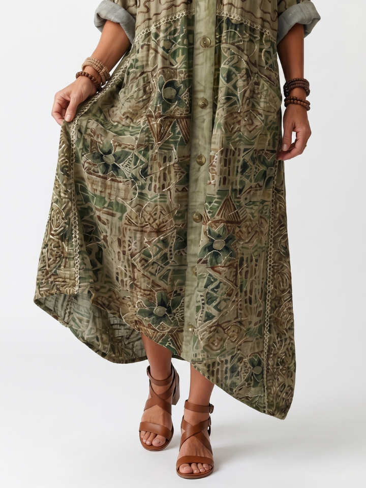 Aleta | Vestido Midi com Botões na Frente, Bordado e Bolso Oversized