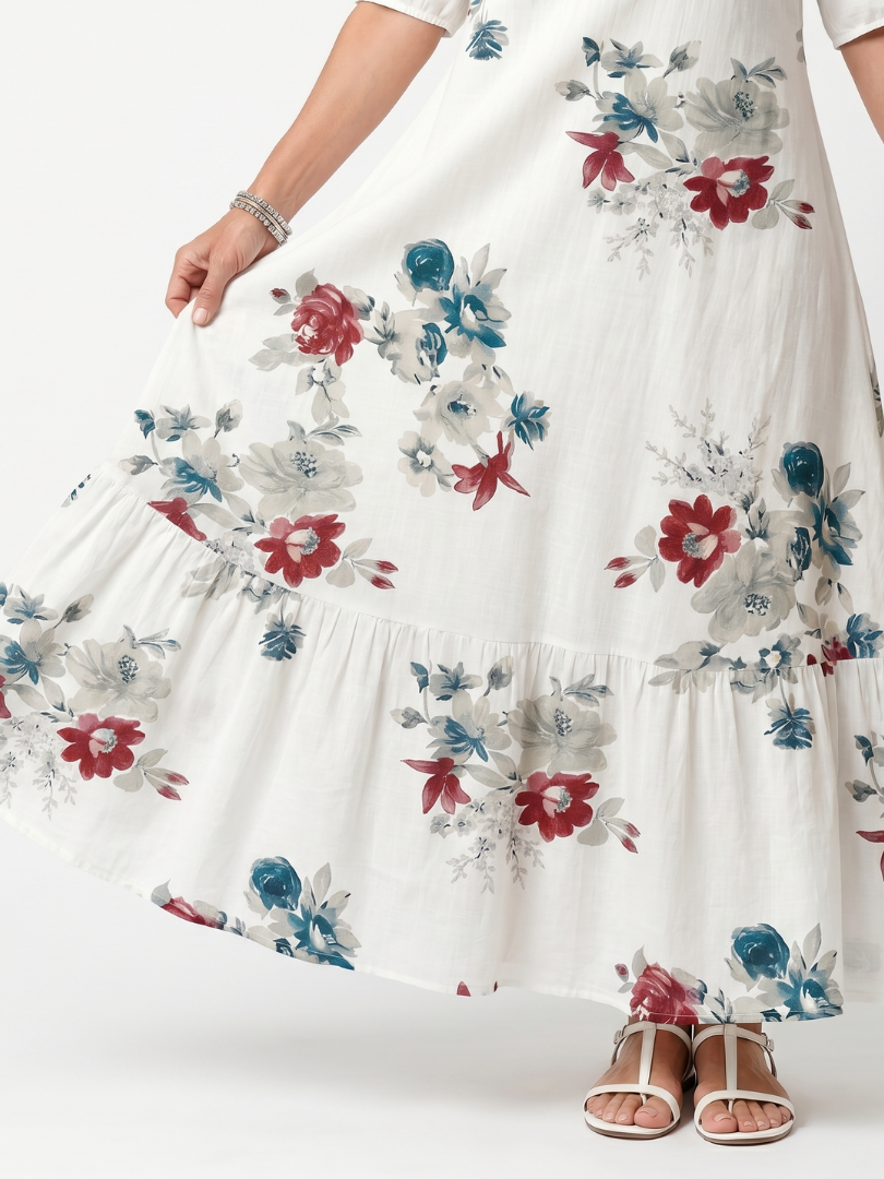 Maeva | Vestido midi con estampado floral disperso y lazo con borlas