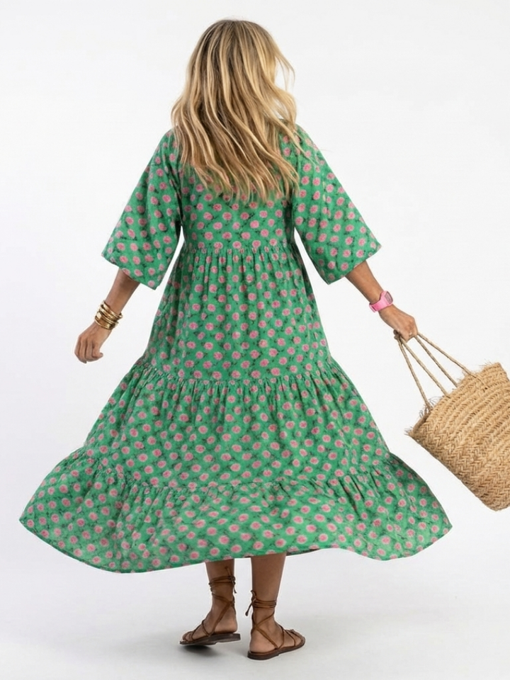 Fiora | Vestido midi a capas con escote en V y estampado floral