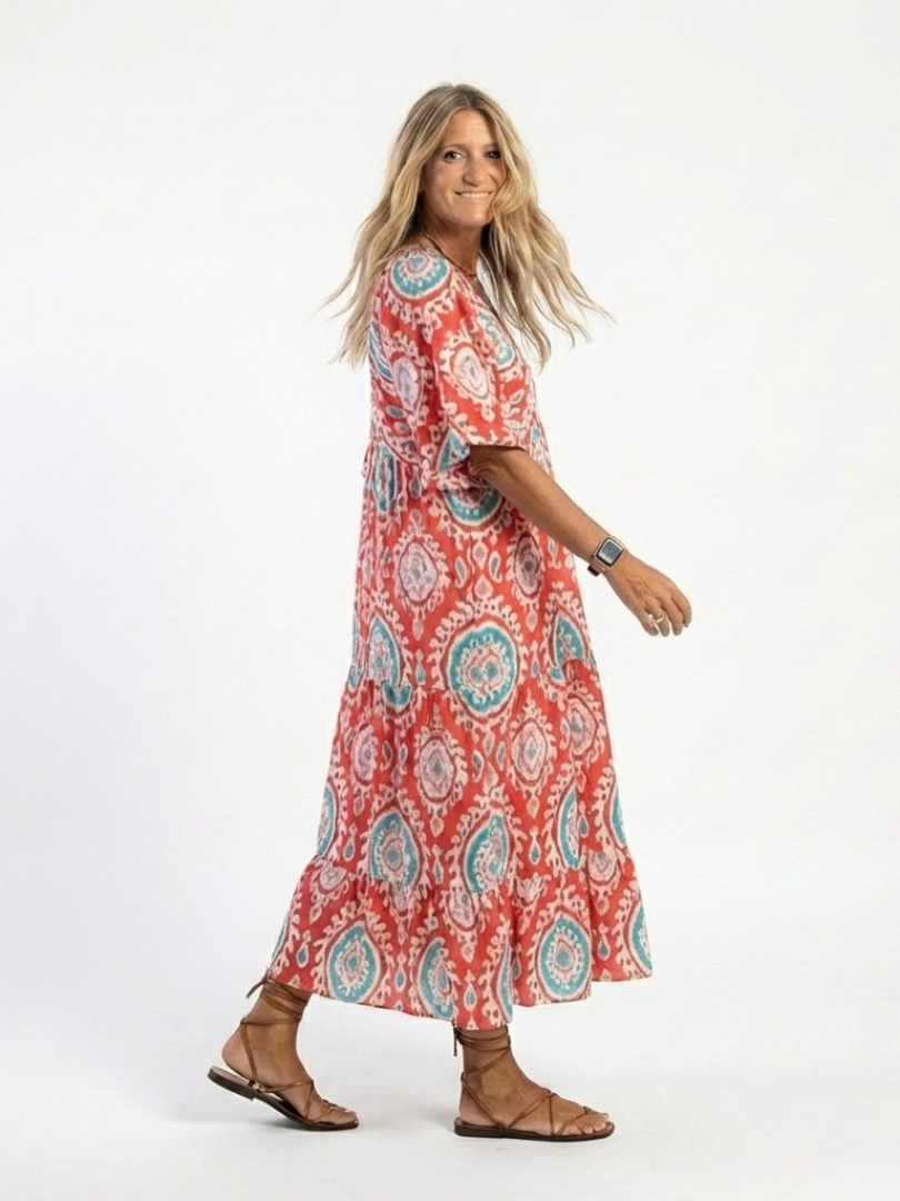 Zaria | Vestido midi con escote en V, manga corta y estampado de cachemira