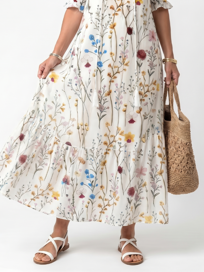 Sylvie | Vestido midi con estampado botánico y lazo con borlas