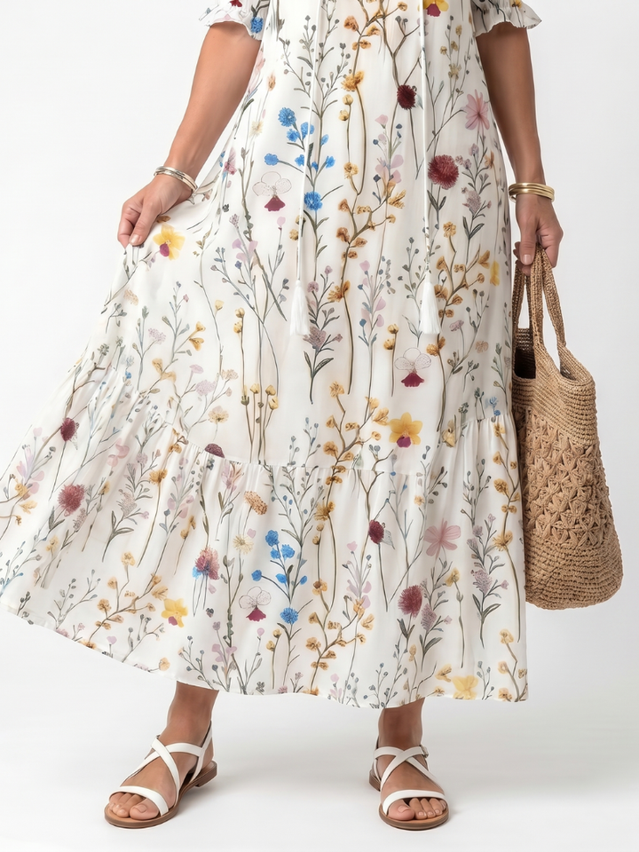 Sylvie | Vestido midi con estampado botánico y lazo con borlas