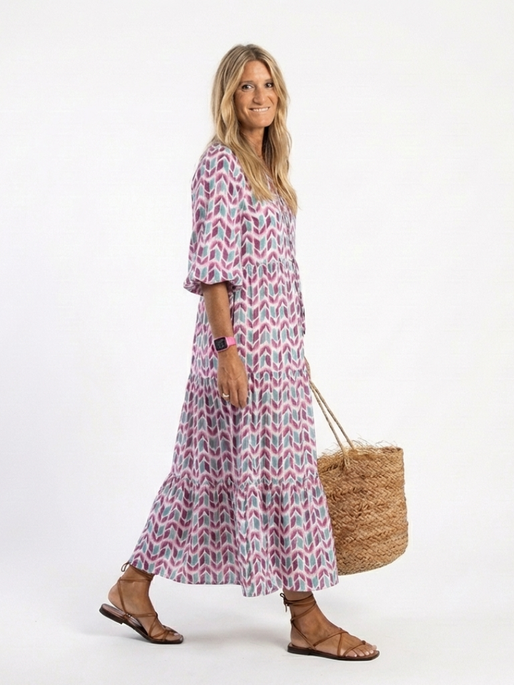 Mireya | Vestido midi a capas de manga larga con estampado geométrico