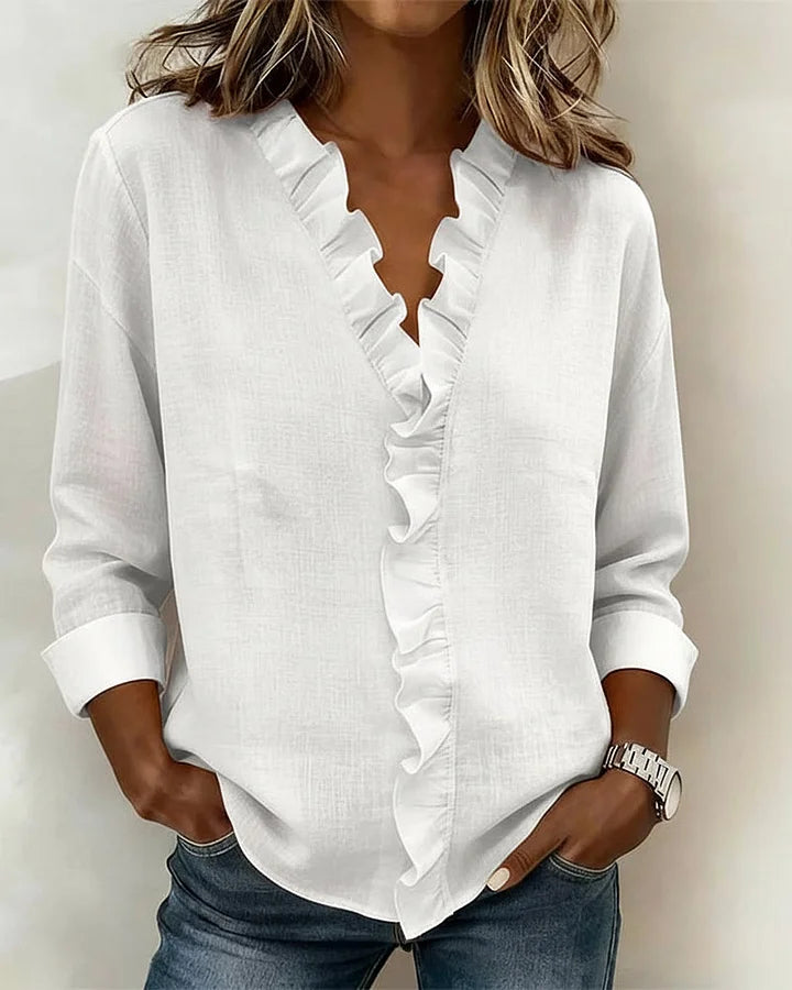 Susan | Blusa com babados, decote em V e mangas longas