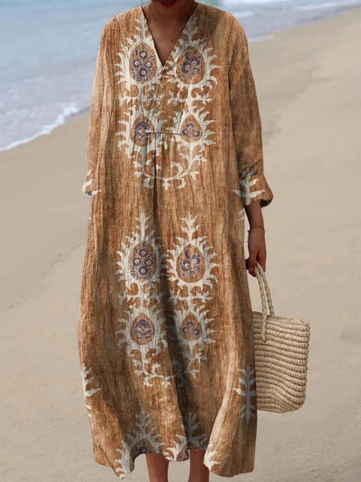 Vestido de Mujer con Estampado Artístico Vintage Étnico de Flores