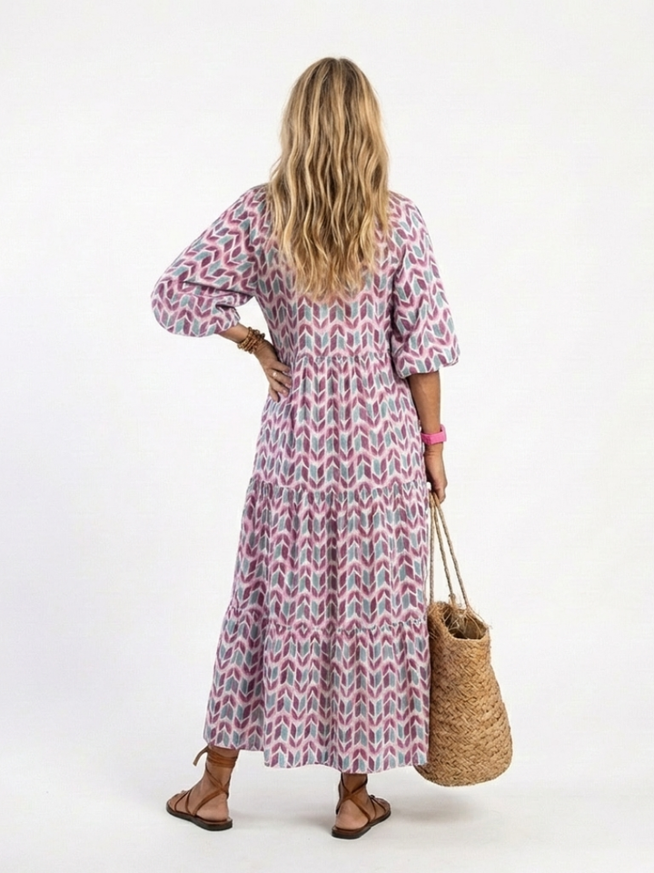 Mireya | Vestido midi a capas de manga larga con estampado geométrico