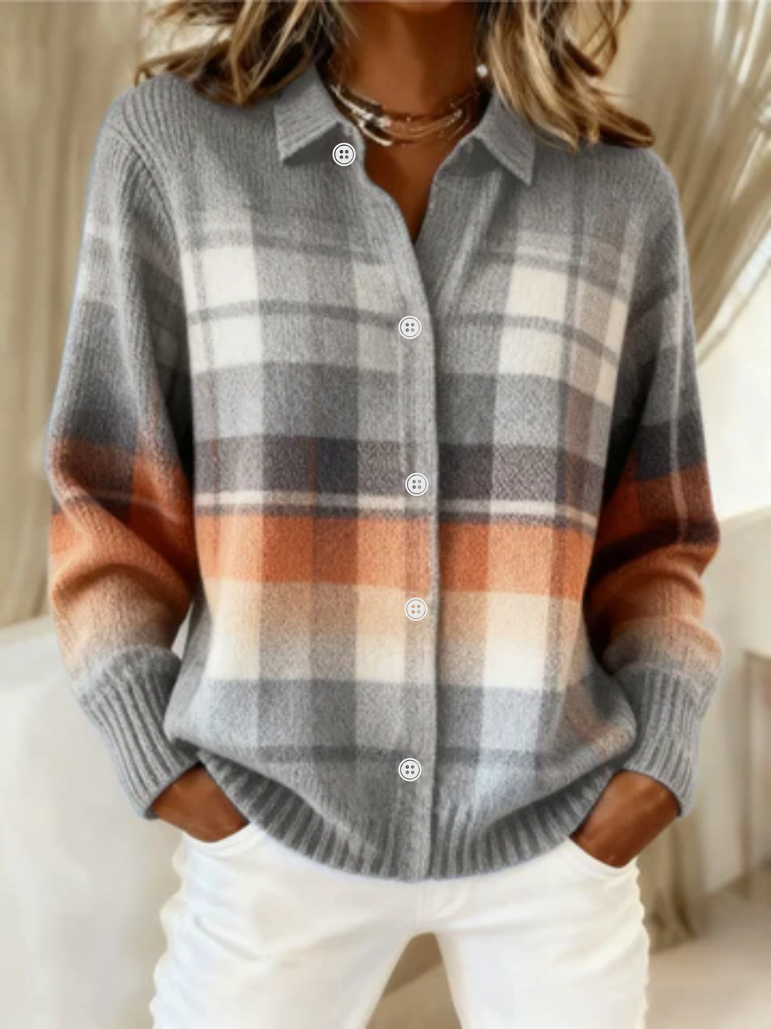 Elena – Checked Hoodie Blouse in Soft Tones