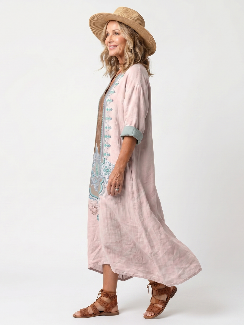 Kenza | Vestido midi con panel bordado, bolsillo relajado