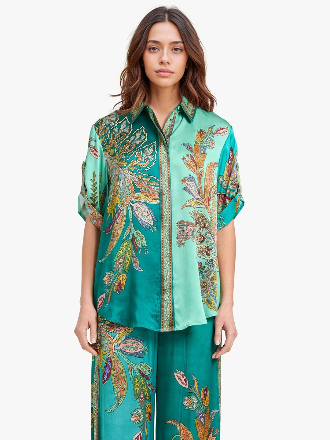 Conjunto Elegante Eliza de Dos Piezas | Camisa con Estampado de Cachemira y Pantalones de Pierna Ancha