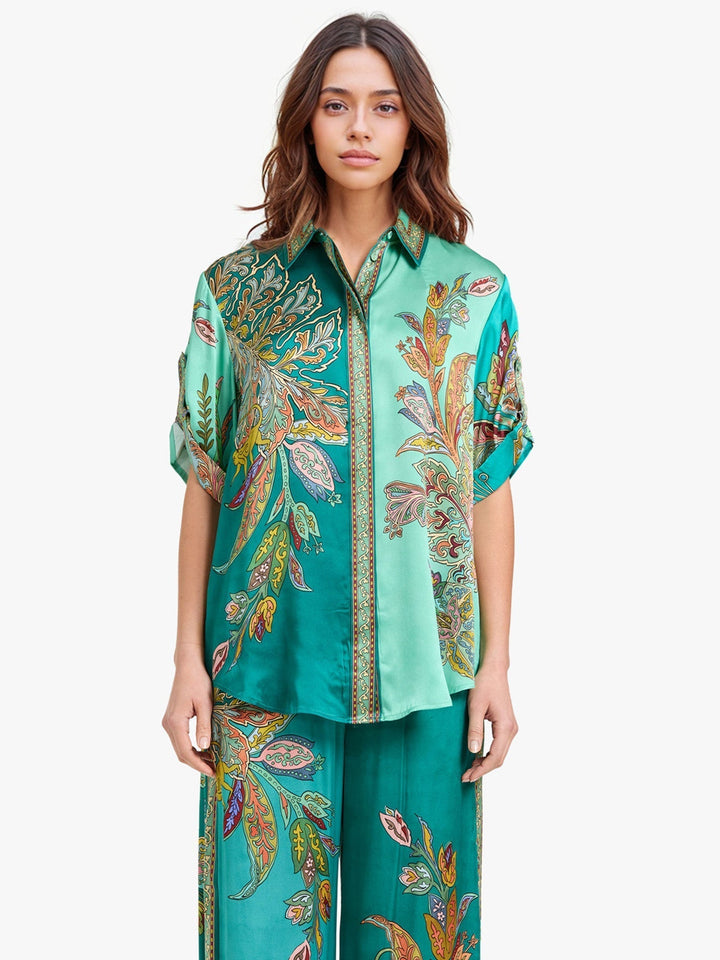 Conjunto Elegante Eliza de Dos Piezas | Camisa con Estampado de Cachemira y Pantalones de Pierna Ancha