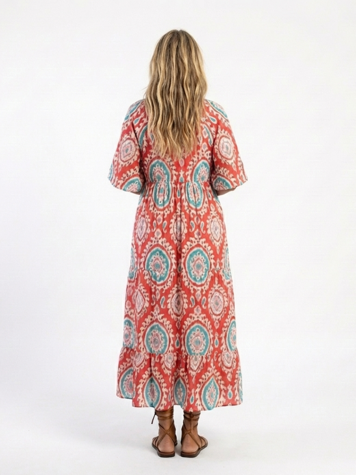 Zaria | Vestido midi con escote en V, manga corta y estampado de cachemira