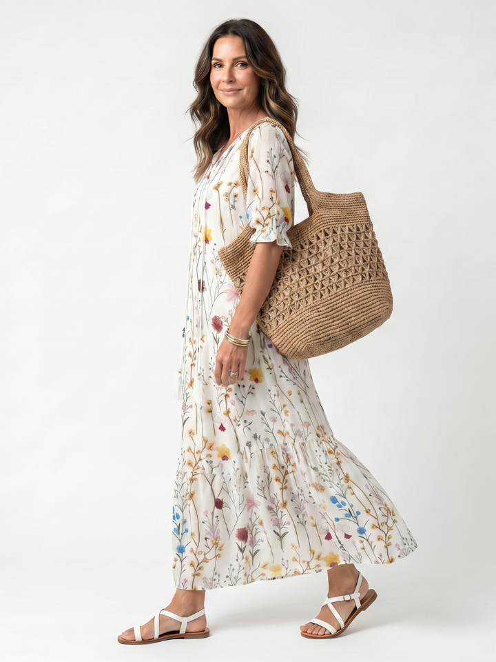 Sylvie | Vestido midi con estampado botánico y lazo con borlas