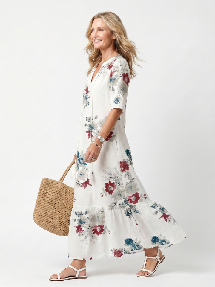 Maeva | Vestido midi con estampado floral disperso y lazo con borlas