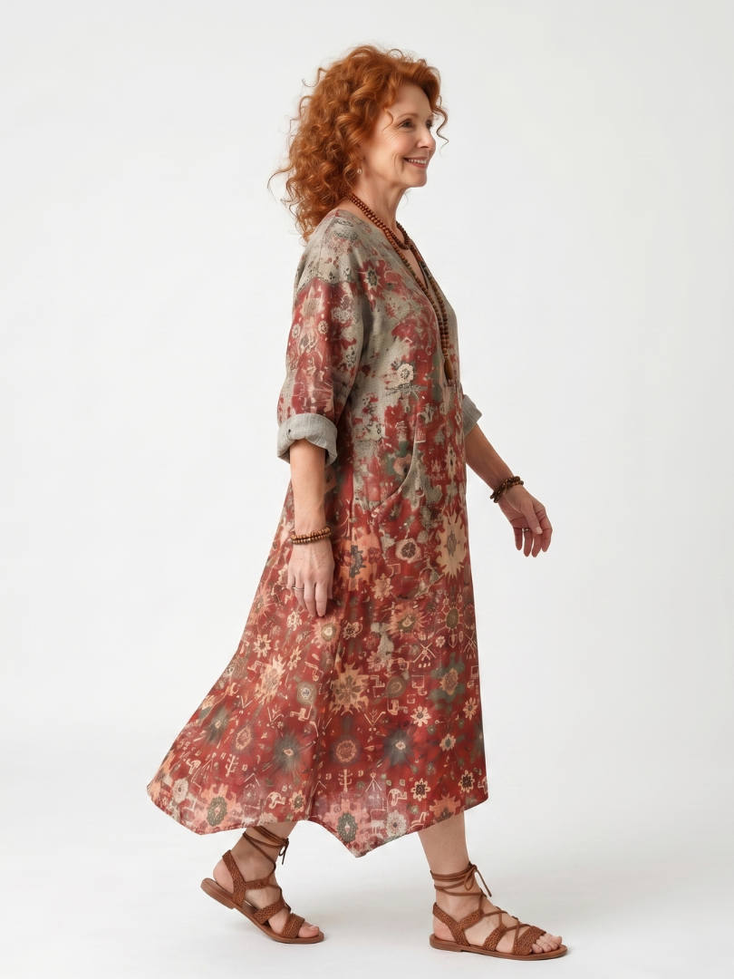 Saffron | Vestido midi con patrón mixto y bolsillo relajado