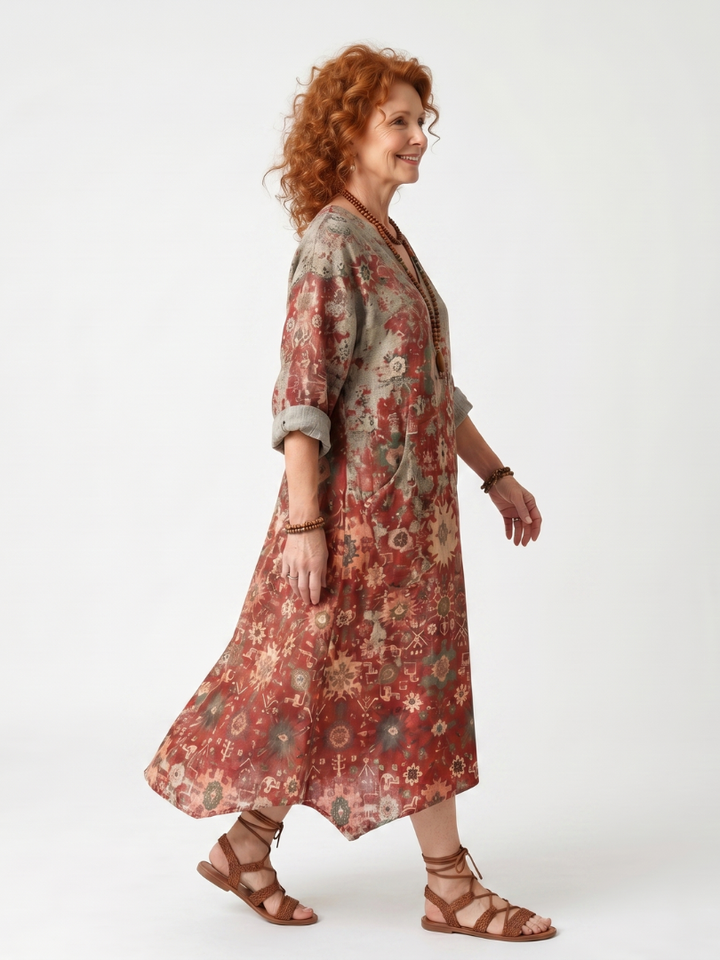 Saffron | Vestido midi con patrón mixto y bolsillo relajado