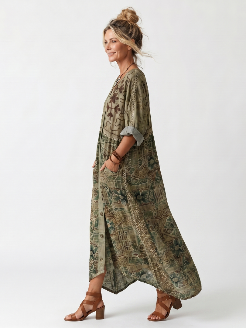 Aleta | Vestido Midi com Botões na Frente, Bordado e Bolso Oversized