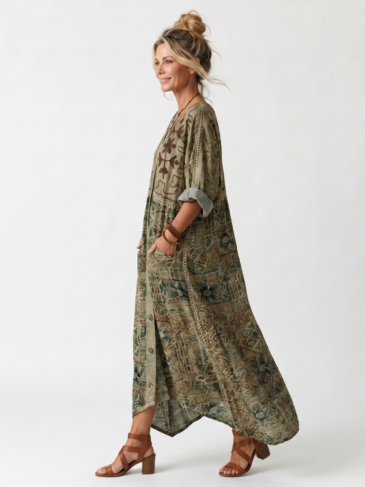 Aleta | Vestido Midi com Botões na Frente, Bordado e Bolso Oversized