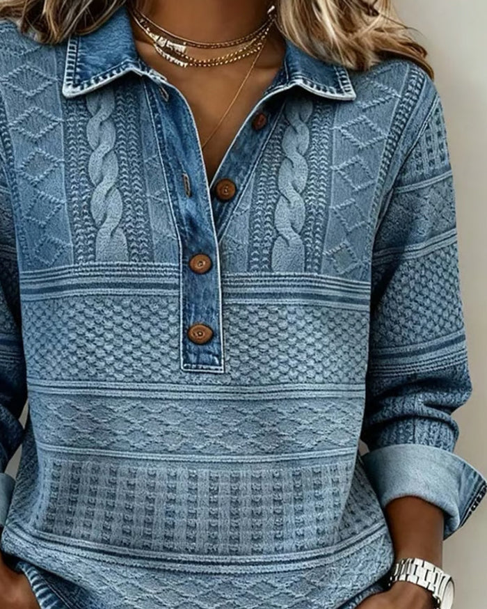 Velmora | Textured Knit Button-Collar Top