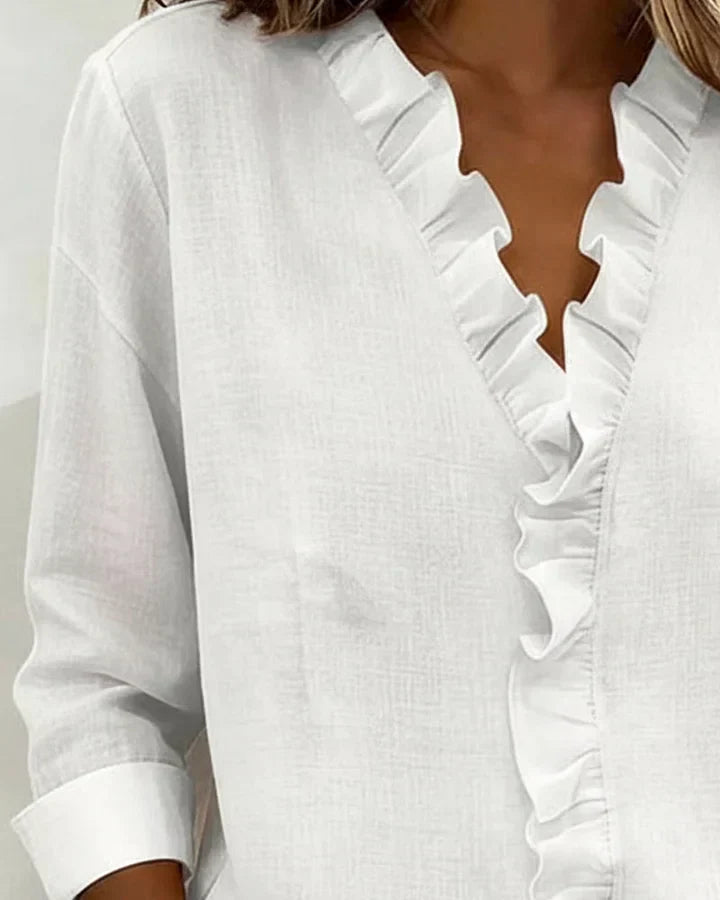 Susan | Blusa com babados, decote em V e mangas longas