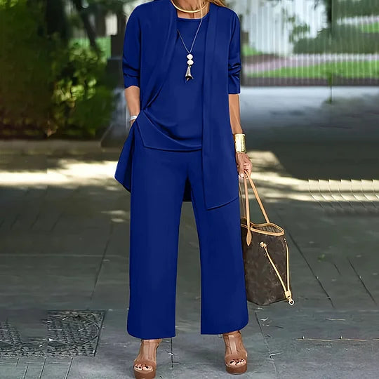 Laney Elegant Casual Three-Piece Set | Coordinated Top, Cardigan & Wide-Leg Trousers