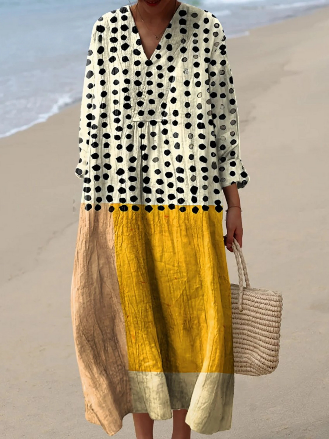 Vestido Fluido de Mujer con Estampado Artístico de Puntos en Bloques de Color Amarillo y Salpicaduras de Acuarela