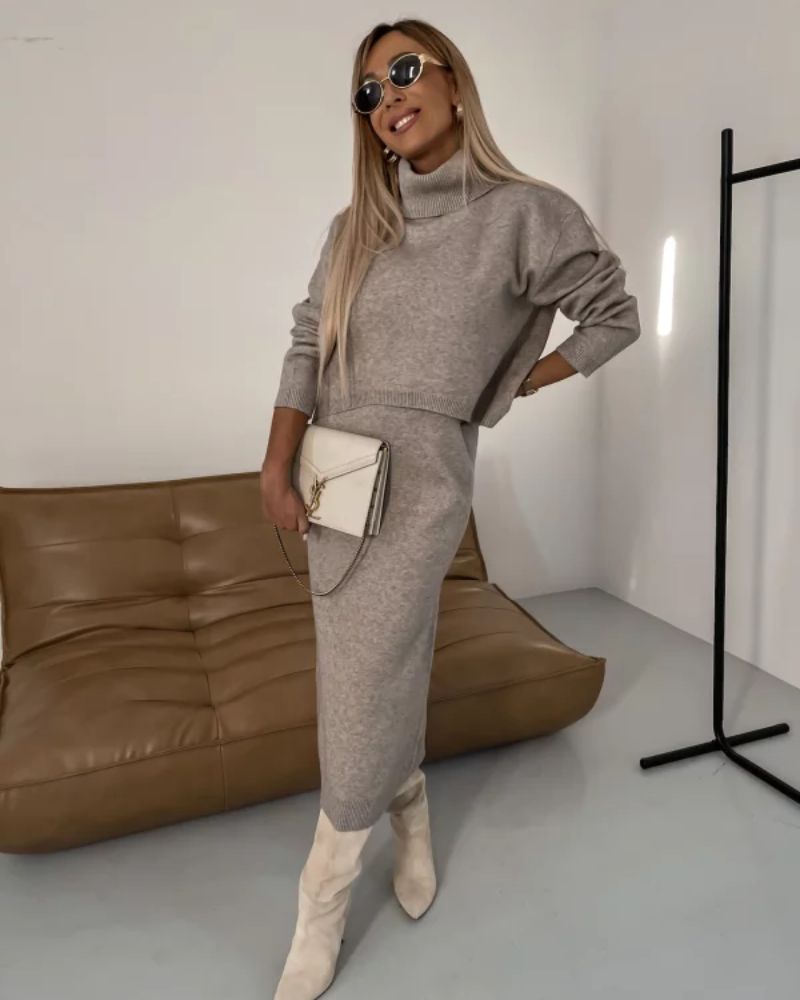 Conjunto Elegante de Tricô Darla | Vestido e Blusa de Tricô Coordenados
