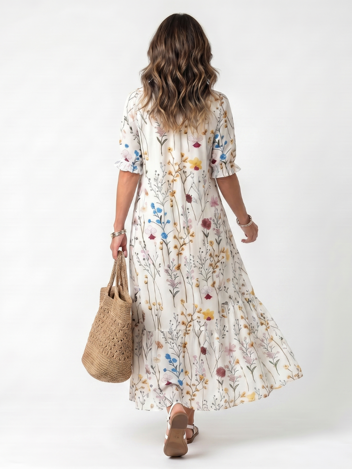 Sylvie | Vestido midi con estampado botánico y lazo con borlas