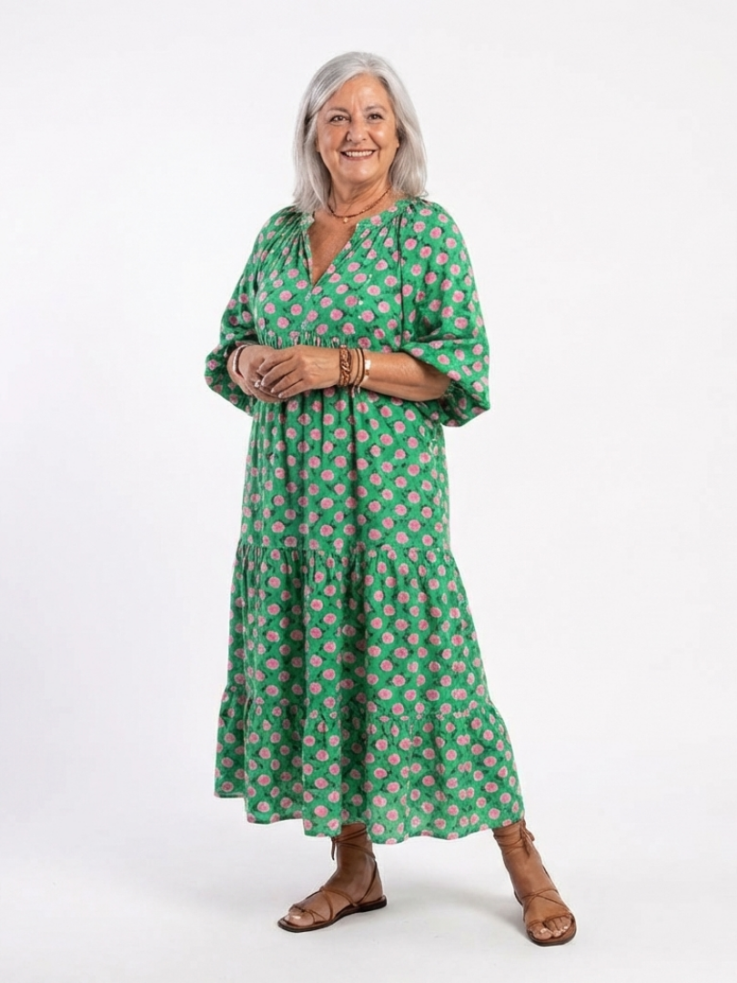 Fiora | Vestido midi a capas con escote en V y estampado floral