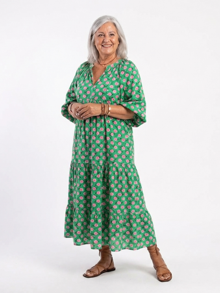 Fiora | Vestido midi a capas con escote en V y estampado floral