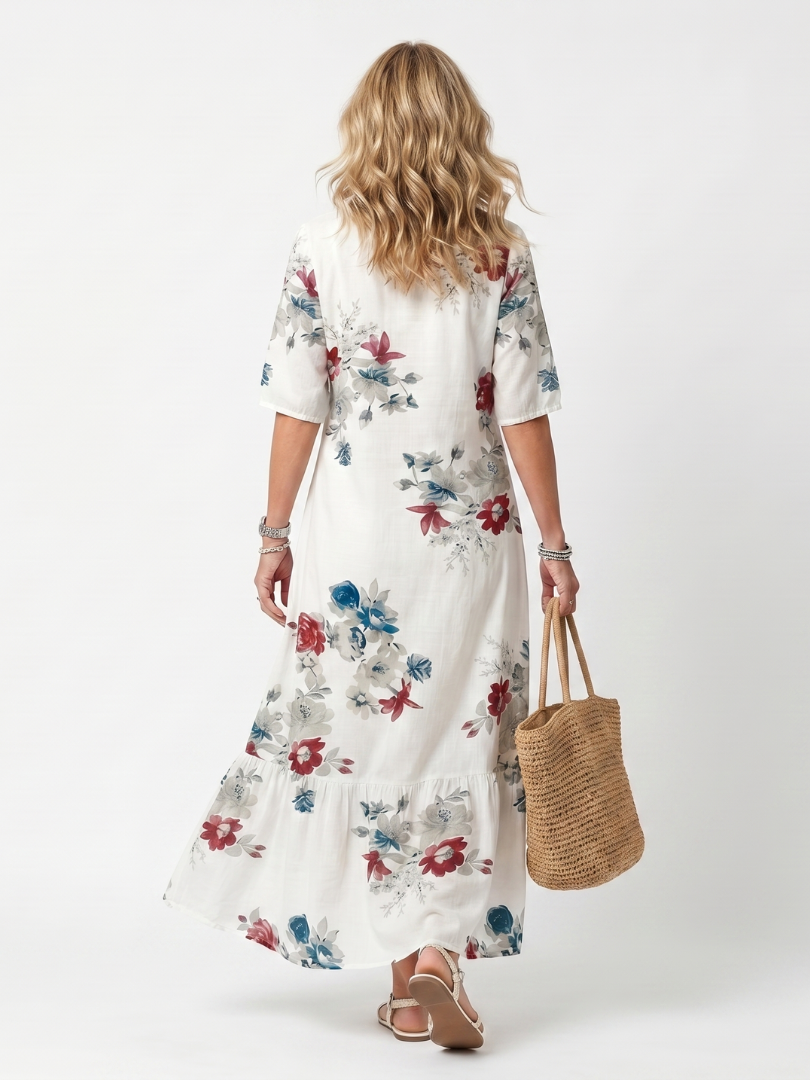 Maeva | Vestido midi con estampado floral disperso y lazo con borlas